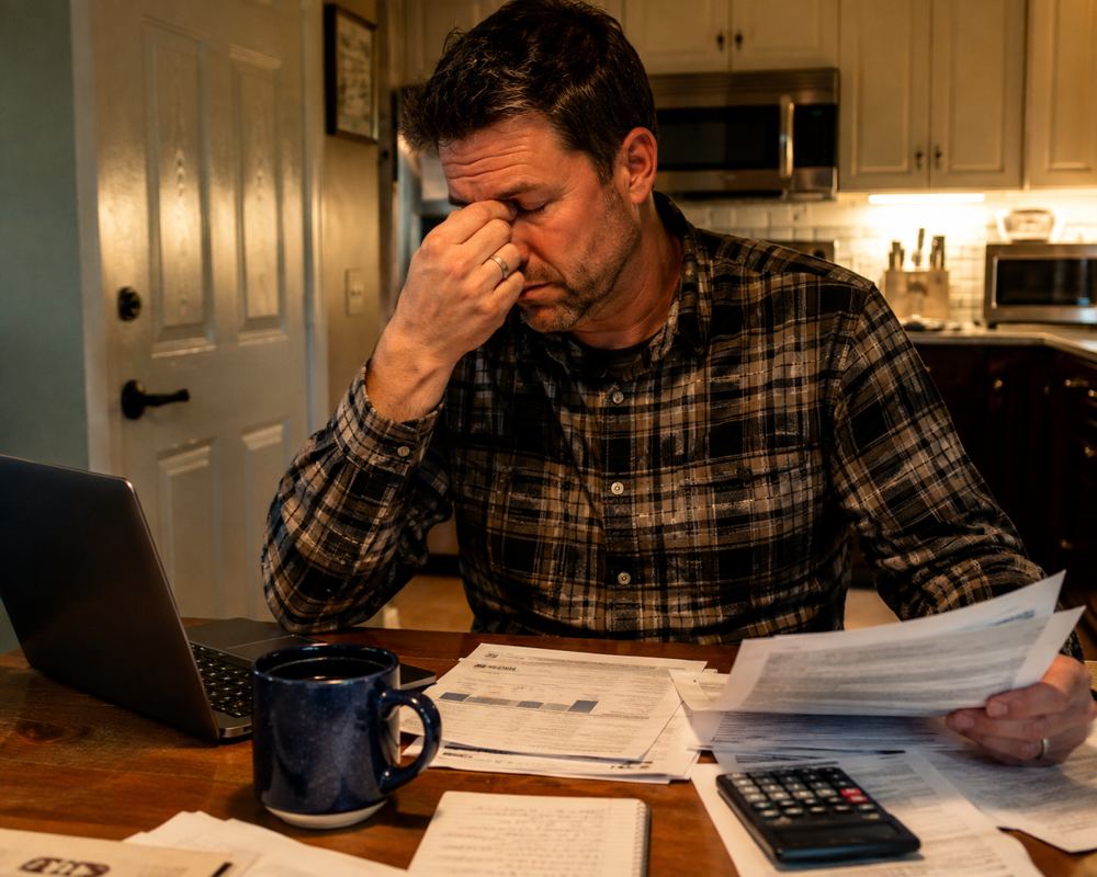 Stressed small business owner buried in paperwork
